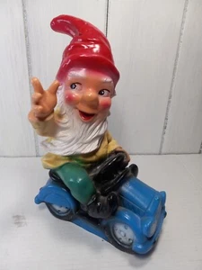 Rare Vintage Plastic Gnome On Blue Car Made In West Germany - Picture 1 of 12