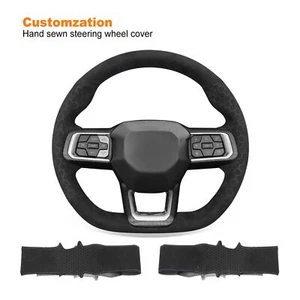 Cubierta de volante Alcántara negra en relieve hágalo usted mismo puntada a mano para Ford Mustang - Imagen 1 de 9