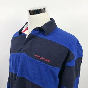 Tommy Hilfiger Mens Large Fleece Pullover Polo Neck Sweater Navy Blue Striped - Picture 1 of 5