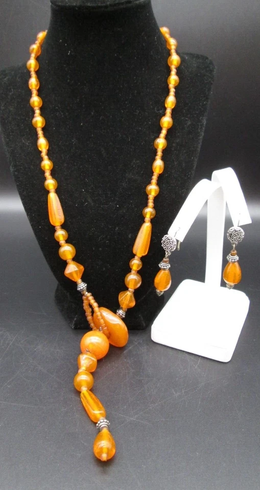 Conjunto de collar de cuentas naranja de vidrio artístico pendientes de 27" vintage hechos artesanalmente WOW Foto 1 de 4