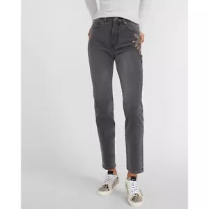Jeans Express Super Alta Vita Nera Perline Slim 00 - Foto 1 di 8