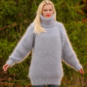 SuperTanya gray fuzzy mohair sweater ribbed pullover, ready to ship, size LARGE - Picture 1 of 11