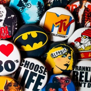 RETRO 80's BADGES - 35mm 1.3" - Bulk Wholesale Collectors Music Movies TV Badge - Picture 1 of 67