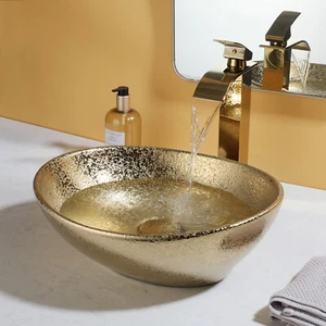 Set rubinetto ottone miscelatore lavabo ovale ceramica lavandino bagno oro USA scarico - Foto 1 di 7