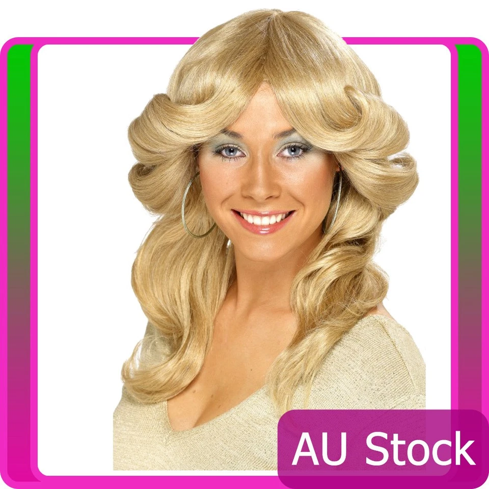 Peluca larga rubia rubia de los años 70 para dama Farrah Fawcett discoteca Rama mama Foto 1 de 2