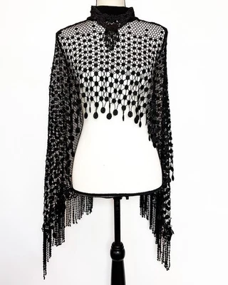 Vintage Black Beaded Crochet Shawl Chocker Neckline Fringe Glam - FREE SHIPPING - Image 1 of 4