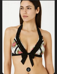 Betsey Johnson Bikini Top Halter Ruffle Rise Women Sz Small Black/white  - Picture 1 of 6