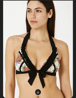 Top de bikini Betsey Johnson halter tiro con volantes para mujer talla pequeña negro/blanco  Foto 1 de 4