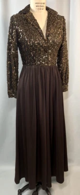 Vintage Dress SIZE SMALL brown sequin maxi 60s 70s Long maxi disco dance formal - Image 1 of 4