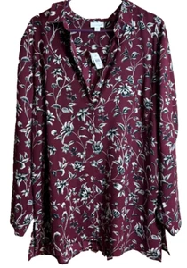 J. Jill Womens Pleated Back Floral Print Blouse Burgundy Tunic Length Size XL - Picture 1 of 6