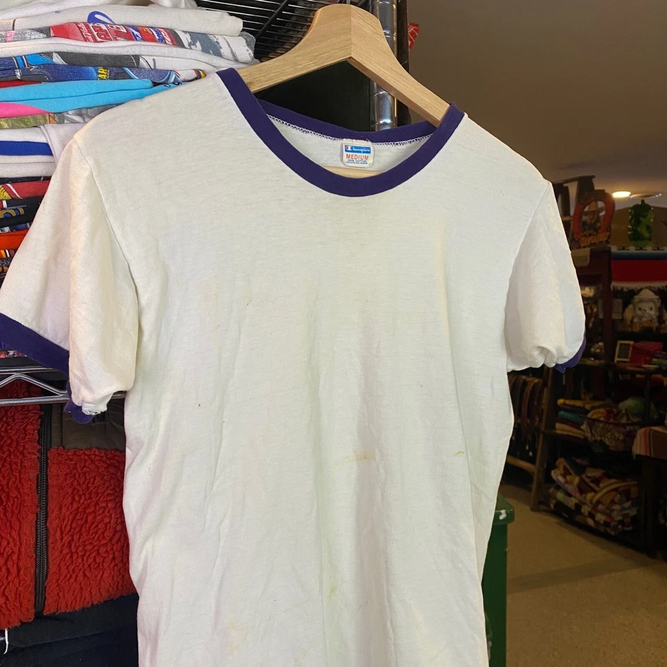 1970s Vintage CHAMPION Blue Bar T-shirt White Purple Medium Ringer Tee Foto 1 de 4