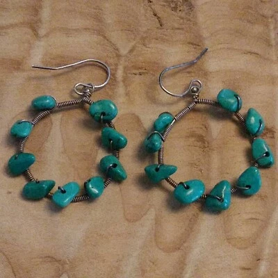 Vintage Sterling Silver Wire Wrapped Hoop Earrings With Turquoise Stones 1" - Image 1 of 4