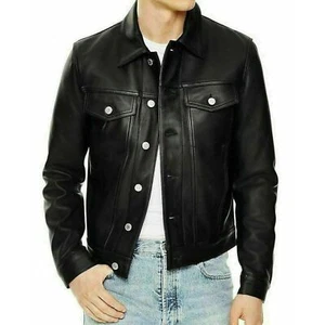 Cuero Negro Clásico Hombre Camisa Occidental Con Cuero Genuino Cordero Camisas - Imagen 1 de 3