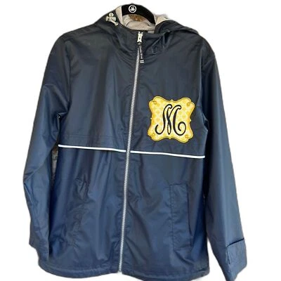 Charles river navy rain jacket. Size small. Monogrammed with letter M - Image 1 of 4