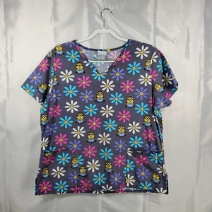 Minions V-Neck Scrub Top "Have A Nice Day" Flower Theme on Gray 3 Pockets Sz L - Picture 1 of 7