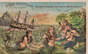 Quack Meds Ayers Hair Vigor Meerjungfrauen Werbung 1890er viktorianische Trade Card A5C - Bild 1 von 2