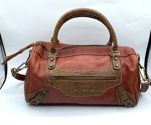 CHARLIE LAPSON Brown Embossed Leather Shoulder Bag Western Country Glam Rancher - Picture 1 of 12
