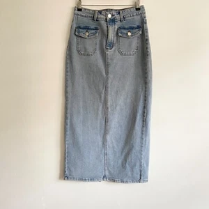 Country Denim Australia Sz 10 Maxi Skirt Blue Button Front Pockets Back Split - Picture 1 of 15