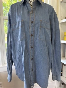 EDDIE BAUER Shirt Men Large Pinstripe Denim 1920 Railway Metal Button Heritage - Picture 1 of 8