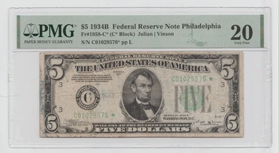 1934B STAR $5 Federal Reserve Note - Graded 20, FR #1958-C STAR - Image 1 of 2