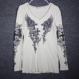Affliction Type Long Sleeve Top Womens 3XL White Grunge Goth Retro Cross Wings - Picture 1 of 6