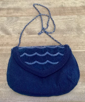 VTG Small Black/Silver Beaded Pouch Purse W/Chain Strap,  Black Satin Lining-EUC - Image 1 of 4