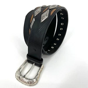 Cinturón de cuero negro Justin vintage diamante conchos talla 32 - Imagen 1 de 10