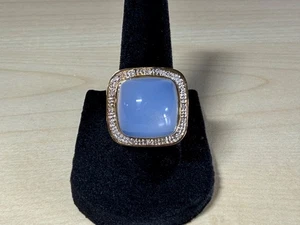 14K Gelbgold Zuckerhut natürlicher blauer Chalzedon & Diamant Heiligenschein Ringgröße 6,75 - Bild 1 von 24