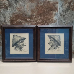 Coppia stampe artistiche vintage incorniciate nautica vecchio pescatore di sale con pipa - Foto 1 di 10