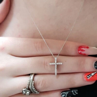 0.25 Ct Round Cut Genuine Diamond Cross Pendant 18" Necklace Sterling Silver - Image 1 of 4