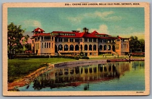 Postcard Detroit MI c1932 Casino and Lagoon Belle Isle Park Building View Linen - Picture 1 of 2