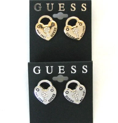 GUESS Colore Oro o Argento Cuore + Cristalli Chiave,Pad Blocco Spingere Indietro - Immagine 1 di 2