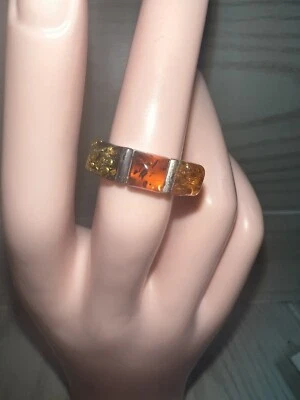 VINTAGE 1980s STERLING SILVER TRICOLOR THREE STONE AMBER RING SIZE 6 NWT NOS Foto 1 de 4