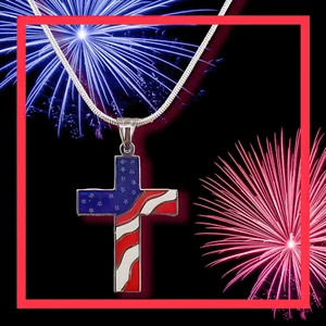 American Flag Cross Independence Day 4th of July Necklace - Picture 1 of 23