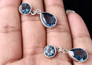 925 Sterling Silver London Blue Topaz Gems Handmade Dangling Earrings Her GiftES - Picture 1 of 8