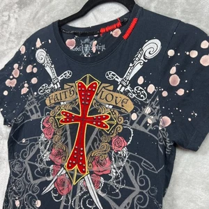 Rebel Spirit T-Shirt Damen L Nieten Grunge Y2K Affliction Style Cross Street - Bild 1 von 10