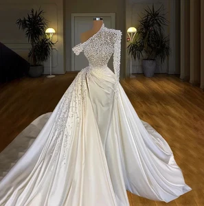 Vestido de novia Perlas Sirena Cuentas completas Un Hombro Manga Larga Vestidos de pájaro - Imagen 1 de 9