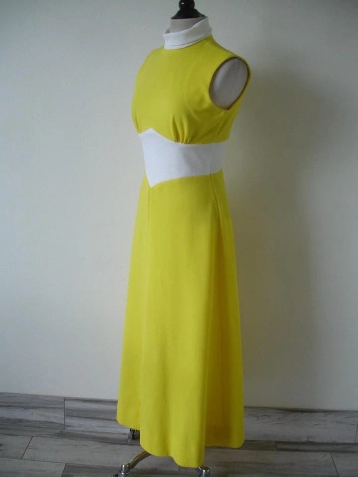 Vestido largo para mujer M L de colección años 70 amarillo caléndula blanco sin mangas Imperio Foto 1 de 4