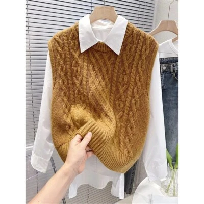 Ретро жилет женщин свободного слоя вязаный свитер в паре с круглым вырезом жилет - Изображение 1 из 4