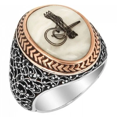 Anillo para hombre de plata esterlina 925 maciza con diseño de Tughra en piedra madreperla Foto 1 de 3