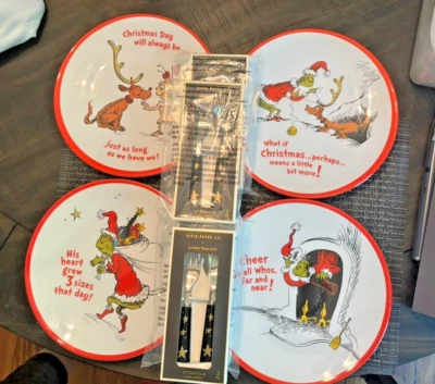 Pottery Barn GRINCH PIATTO + UTENSILE Seuss Disney festa festa di Natale SET 8! - Immagine 1 di 4