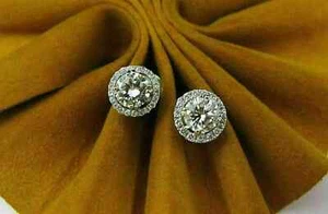 Round Cut 2Ct REAL Moissanite Push Back Stud Earrings 14K White Gold Plated - Picture 1 of 3