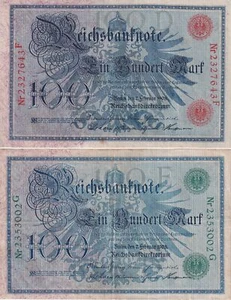 Germany SET 2 , 100 Mark 1908 Green + Red Seal P 33 34 Fine Used Circulated - Picture 1 of 4