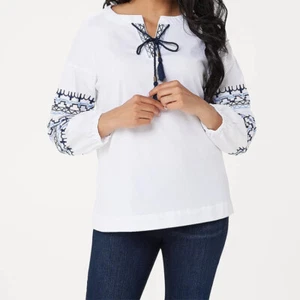 Brooke Shieds Top Sz L White Timeless Denim Peasant Shirt Embroidery Boho Chic - Bild 1 von 6