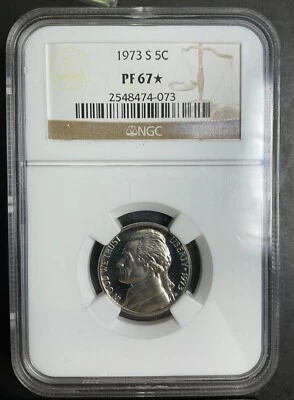 NGC PR67⭐ 1973-S Jefferson Nickel 5c GEM BU++ PQ Blast White Luster certified 7 - Image 1 of 2