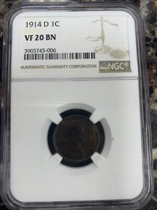 1914-D Lincoln Wheat Cent NGC VF 20 BN - Key Date~ Low Mintage - Picture 1 of 4