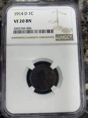 1914-D Lincoln Wheat Cent NGC VF 20 BN - Key Date~ Low Mintage - Image 1 of 4