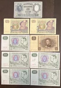 1961 1977 1978 5 Kronor 1958 1979 1980 1988 1989 10 Kronor Sweden 7 Banknotes - Picture 1 of 2