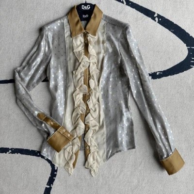 NWT RARE D&G Metallic Polka Dot Sheer Ruffle Front Silk Shirt Size 36 FLAW - Image 1 of 4
