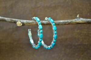 1 1/2" Turquoise Hoop Earrings Sweet & Petite Hoops Western 14K White Gold Over
